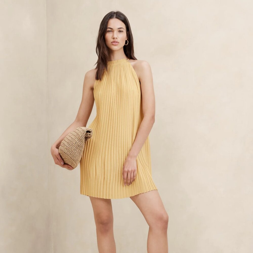 NWT Banana Republic Factory Pleated Mini Dress - Gold L